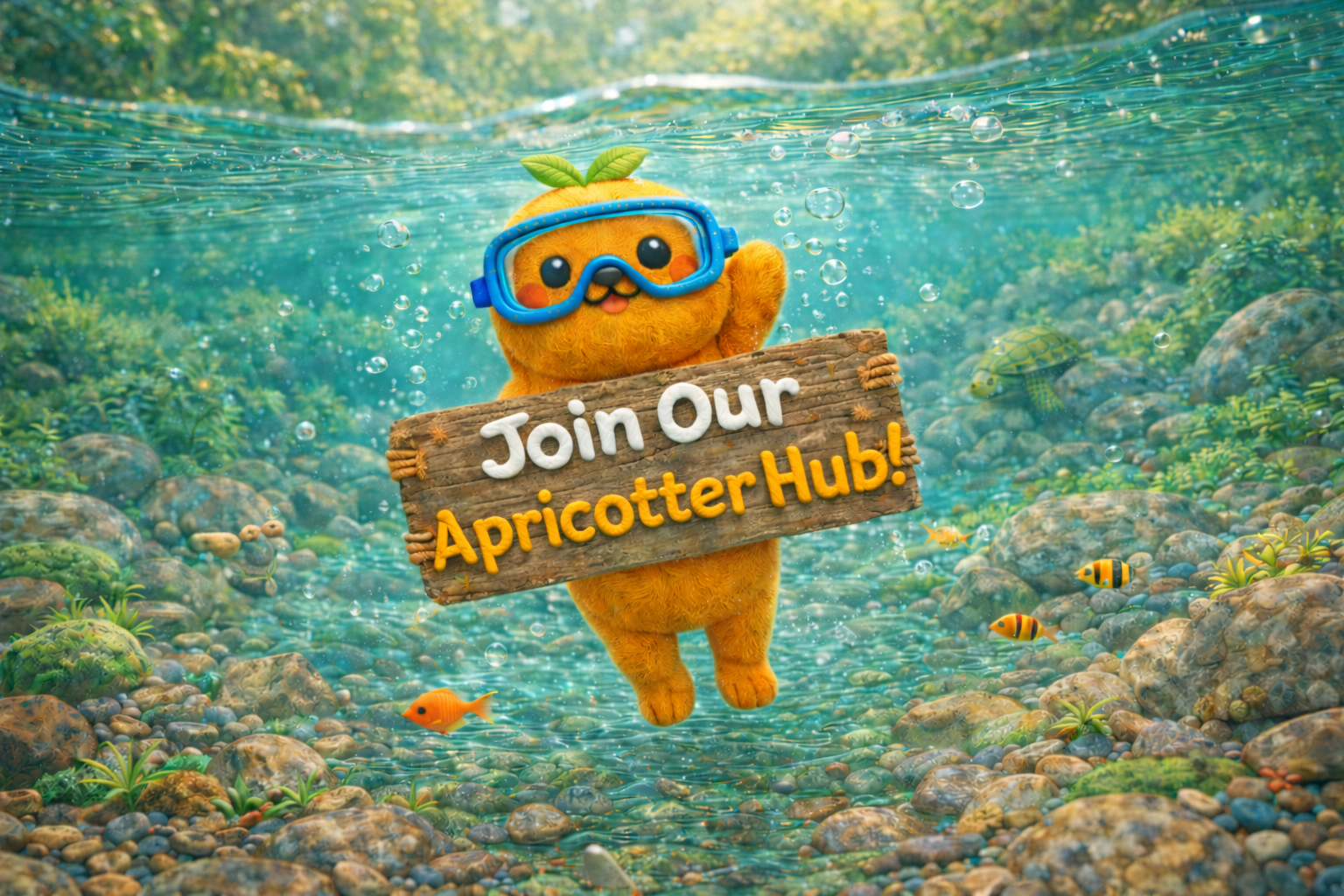 Apricotter mascot holding a Join Our Apricotter Hub sign